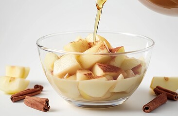 Poster - A bowl of diced apples sprinkled with cinnamon, with syrup being poured over them.