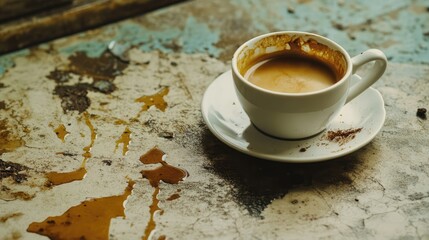 Poster - Coffee cup spills on a rustic table surface capturing the essence of a cozy yet messy coffee moment.