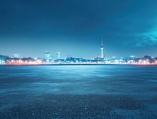 Poster - Night cityscape featuring illuminated buildings and a tower against a serene water surface.