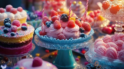 Canvas Print - Vibrant assortment of colorful cakes and fresh berries displayed on a dessert table for a festive celebration or party setting