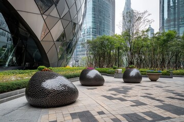 Poster - Modern urban landscape featuring decorative stone-like seating amidst greenery and skyscrapers.