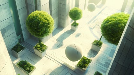 Aufkleber - A serene urban space featuring trees, geometric shapes, and sunlight.