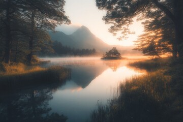 Poster - Serene morning landscape with misty lake and mountains at sunrise.