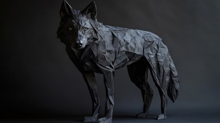 Poster - A striking origami wolf sculpture, showcasing intricate folds and textures in dark tones.