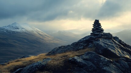 Wall Mural - Cairn on mountain peak with dramatic clouds and distant snow-capped mountains in picturesque landscape scenery