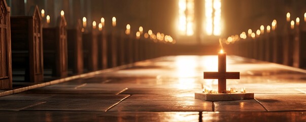 Aufkleber - Burning candle with wooden cross in church interior