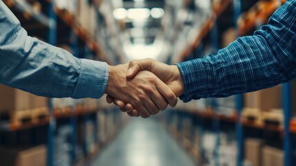 Aufkleber - Two individuals shaking hands in a warehouse, symbolizing partnership or agreement.