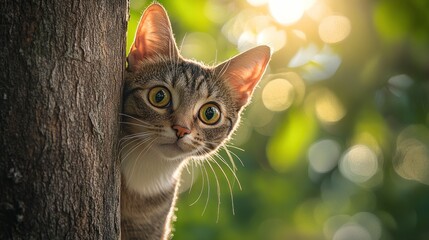 Poster - A curious cat peeks around a tree, illuminated by soft sunlight in a natural setting.