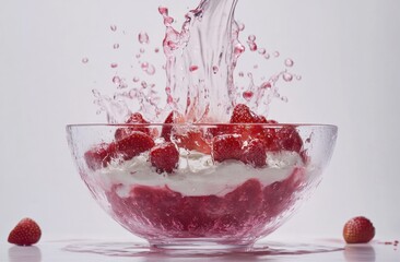 Poster - A bowl of strawberries and cream with splashing water, highlighting freshness and indulgence.