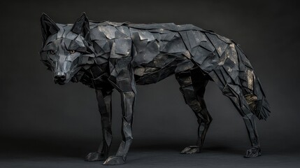 Poster - A geometric black wolf sculpture made from angular shapes and textures.