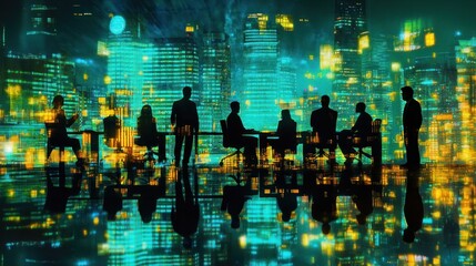 Aufkleber - Silhouetted figures in a futuristic cityscape with glowing lights.