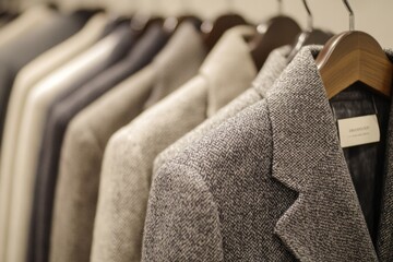 Poster - A row of stylish, tailored coats hanging on wooden hangers in a retail setting.