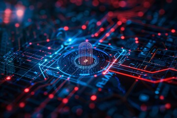 Poster - A close-up of a computer circuit board illuminated by red and blue lights, showcasing intricate electronic components. The conflicts between cyber warfare and cybersecurity .