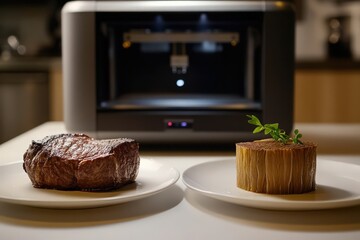 Comparison image showcasing classic steak and 3D printed plant-based alternative, highlighting culinary innovation.