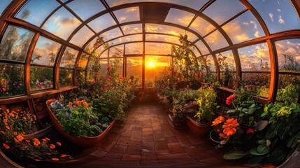 Poster - A vibrant greenhouse filled with blooming flowers at sunset, showcasing nature's beauty.