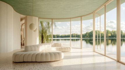 Poster - Modern interior with curved furniture and large windows overlooking a serene lake.