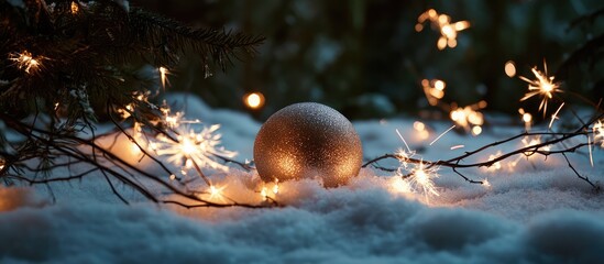 Wall Mural - Gold Christmas ornament nestled in snow among tree branches and sparkling lights creating a winter wonderland atmosphere