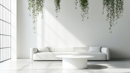Poster - A minimalist living room featuring a white sofa, round table, and hanging plants.