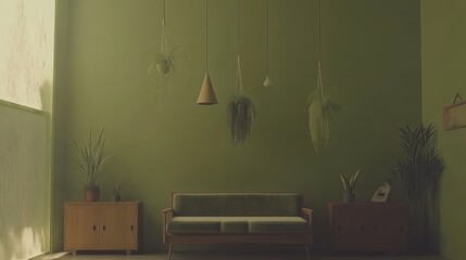Poster - A serene green interior featuring hanging plants and a cozy sofa.