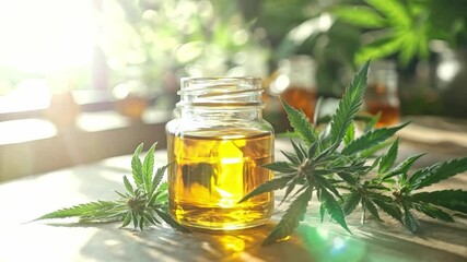 Poster - A glass jar filled with golden oil sits next to vibrant cannabis leaves on a wooden table, with soft sunlight highlighting the setting and herbal essence.