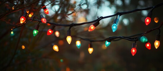 Poster - Colorful retro bokeh lights glowing in the dark creating a festive and celebratory atmosphere in a blurred outdoor setting