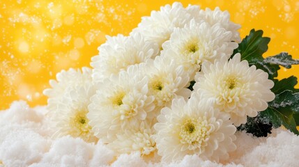 Wall Mural - Chrysanthemum flowers on bright yellow background with copy space for minimalist design and elegant floral decorations