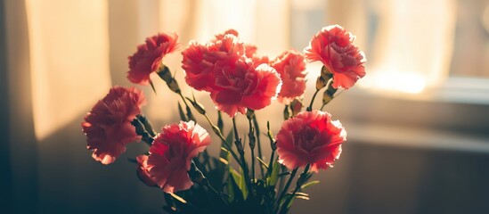 Poster - carnation flowers bouquet bathed in soft sunlight creating an elegant silhouette against a warm back