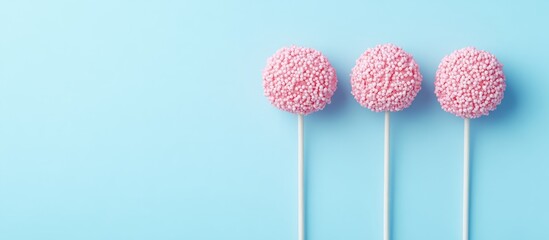 Wall Mural - Colorful candy pink lollipops on a blue background ideal for sweet treat promotions and creative design concepts with ample blank space