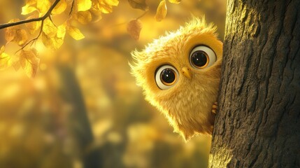 Poster - A cute, fluffy owl peeks from behind a tree in a warm, autumn setting.