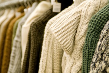Poster - A collection of knitted sweaters displayed on hangers in a retail setting.