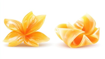Fototapete - Two glossy yellow floral shapes resembling petals and ribbons, showcasing design elements.