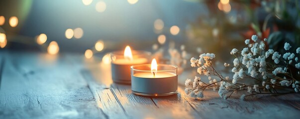 Poster - Burning tealights and baby's breath flowers creating relaxing atmosphere
