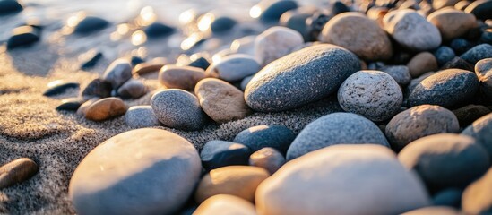 Poster - Serene beach scene with smooth pebbles on sand glistening under sunlight beside gentle ocean waves in a tranquil coastal environment