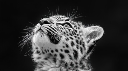 Poster - A close-up of a leopard cub looking upwards in black and white.