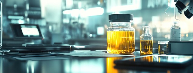 Poster - Laboratory scene with glass containers of yellow liquid and scientific equipment.