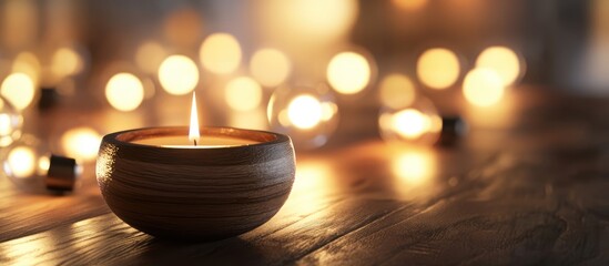 Poster - Warm candle holder surrounded by softly glowing defocused lights creating a cozy holiday ambiance on a wooden surface.