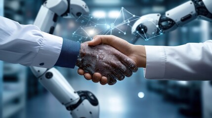 Poster - A human and a robot shake hands, symbolizing collaboration and innovation in technology.