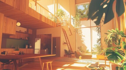 Poster - A bright, modern interior featuring wood accents and abundant greenery.