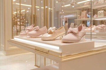 Aufkleber - A display of elegant shoes featuring bows in a luxurious retail environment.