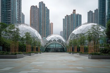 Poster - Modern glass domes surrounded by tall buildings in an urban setting.