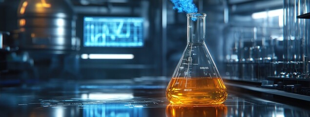 Poster - A laboratory scene featuring an orange liquid in a flask, hinting at scientific experimentation.
