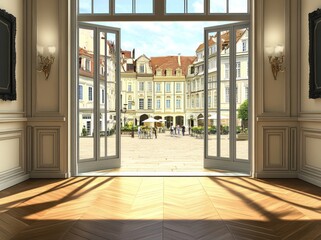 Poster - A grand interior view overlooking a charming courtyard with people and classic architecture.