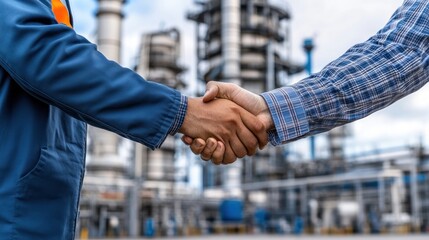 Aufkleber - Two individuals shaking hands in an industrial setting, symbolizing partnership and agreement.