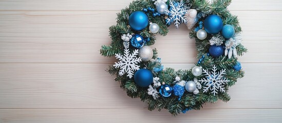 Wall Mural - Blue Christmas wreath adorned with beads toys and snowflakes displayed on a light wooden background from an overhead perspective