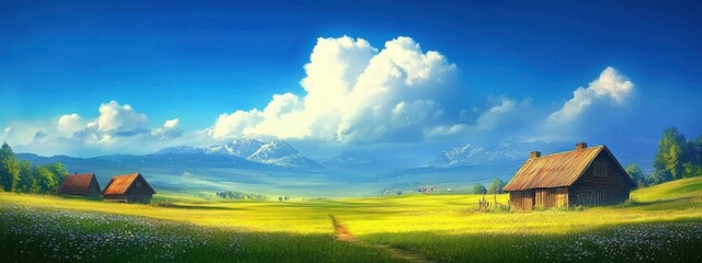 Poster - A serene landscape featuring green fields, distant mountains, and rustic houses under a blue sky.