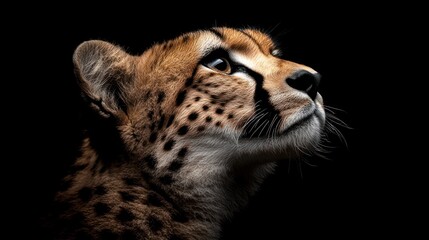Poster - A close-up of a cheetah's face looking upwards against a dark background.