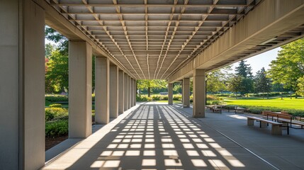 Poster - A serene walkway under a structured canopy, showcasing shadows and greenery.