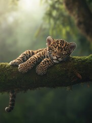 Poster - A playful leopard cub resting on a mossy branch in a lush forest.