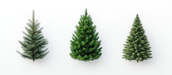 Canvas Print - Three diverse Christmas trees isolated on a white background showcasing varying shapes and greenery for festive design concepts.