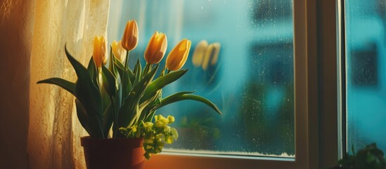 Wall Mural - Closeup of vibrant yellow tulips in a pot near a window with soft natural light and raindrops on the glass creating a tranquil atmosphere